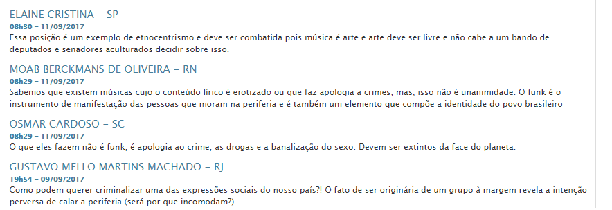 Comentários no site do Senado Federal.