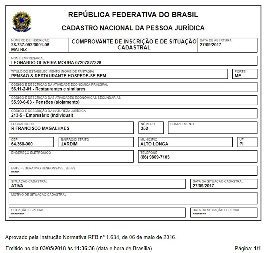CNPJ da empresa Pensão & Restaurante Hospede-se Bem.