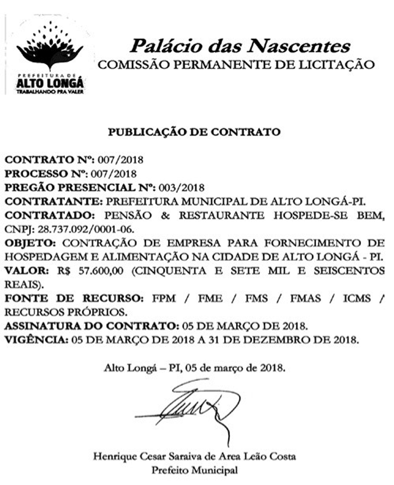 Contrato celebrado entre a prefeitura e a Pensão & Restaurante Hospede-se Bem
