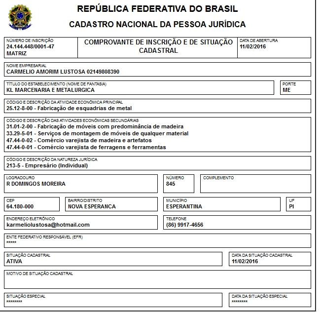 CNPJ da empresa Carmelio Amorim Lustosa.