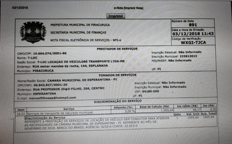 Valor pago para empresa T-LOC.