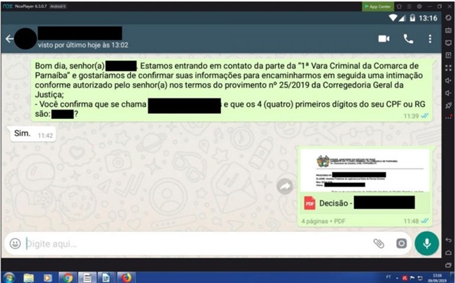 Primeira intimação via WhatsApp pela Vara de Parnaíba.