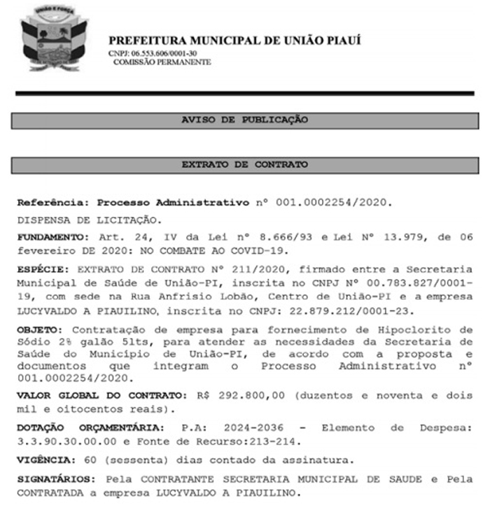 Contrato com Lucyvaldo A Piauilino.