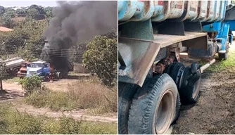 Caminhão pega fogo após tocar em fio de alta tensão em Teresina.