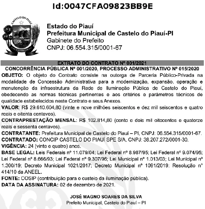 Contrato assinado com a empresa Concip Castelo do Piauí SPE S/A.