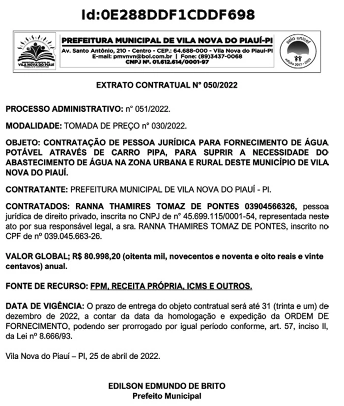 Extrato de contrato com empresa Ranna Thamires Tomaz de Pontes.