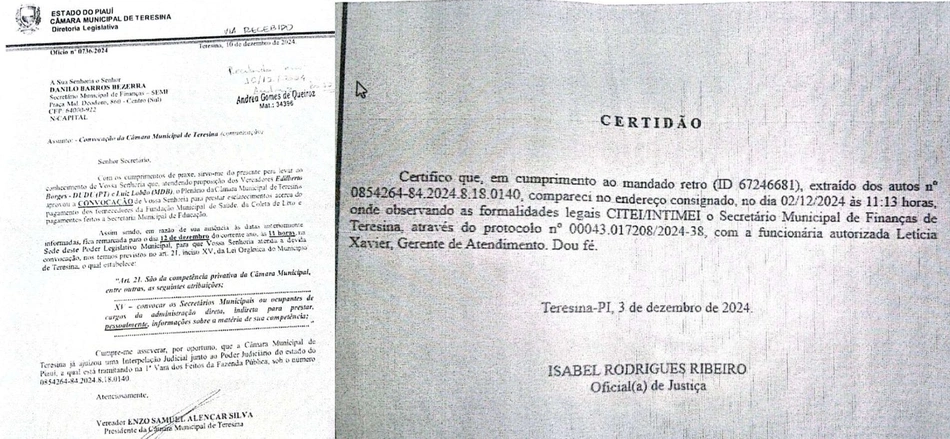 Documentos sobre a convocação do secretário Danilo Bezerra
