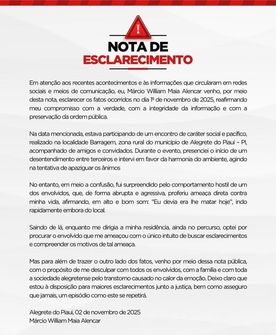 Nota de esclarecimento emitida pelo prefeito Márcio Alencar