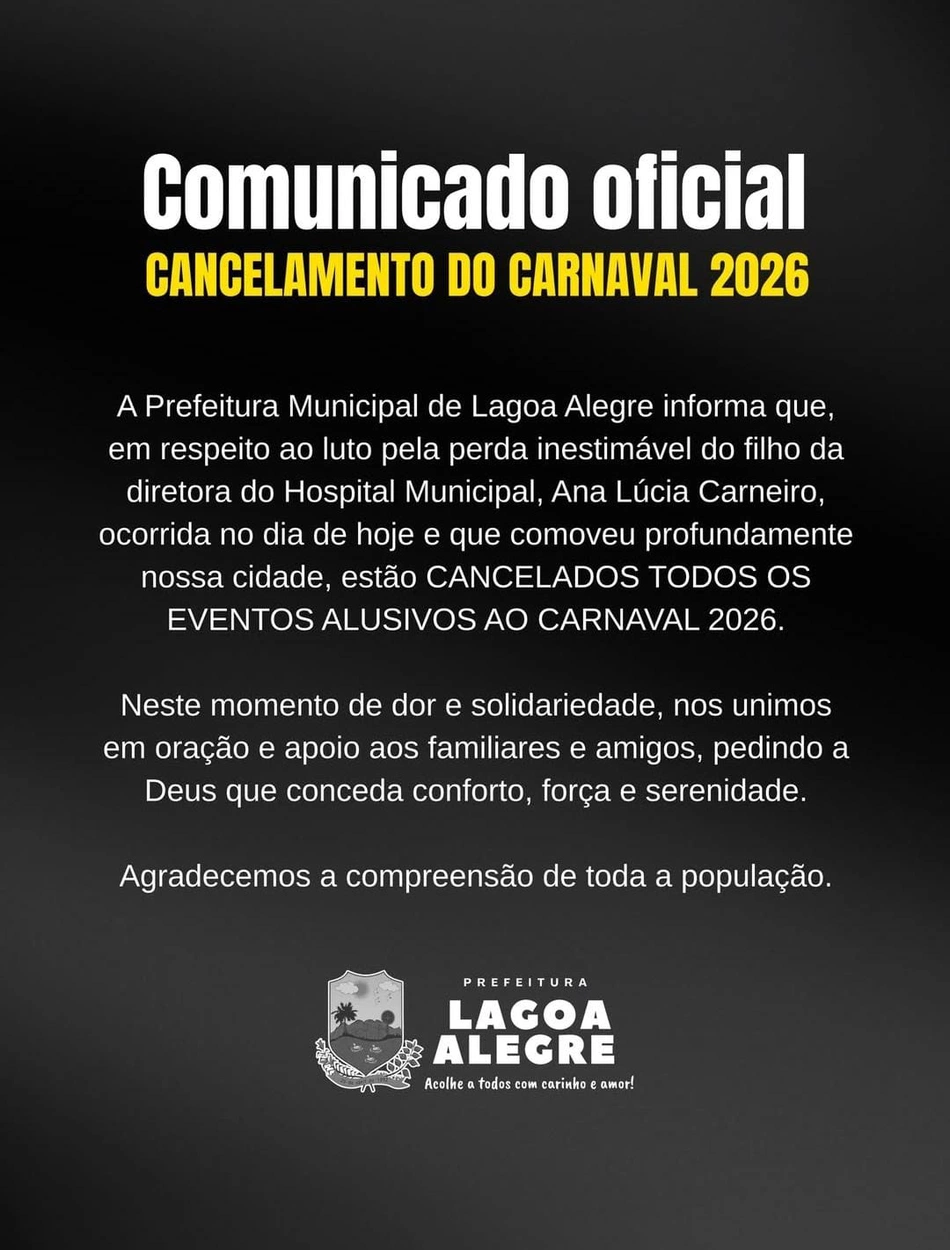 Comunicado oficial de cancelamento do carnaval em Lagoa Alegre