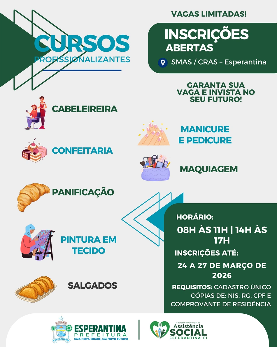 Prefeitura de Esperantina abre 280 vagas em cursos profissionalizantes
