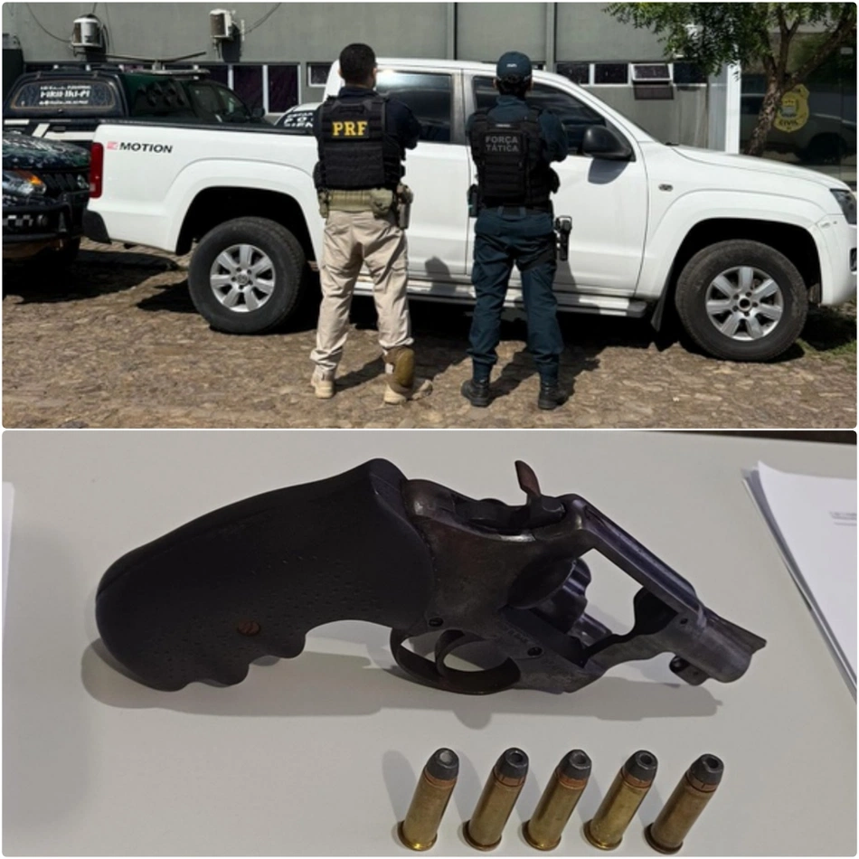 Carro recuperado e arma e munições apreendidas