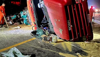 Caminhão carregado de ração tomba na BR-343 em Piripiri