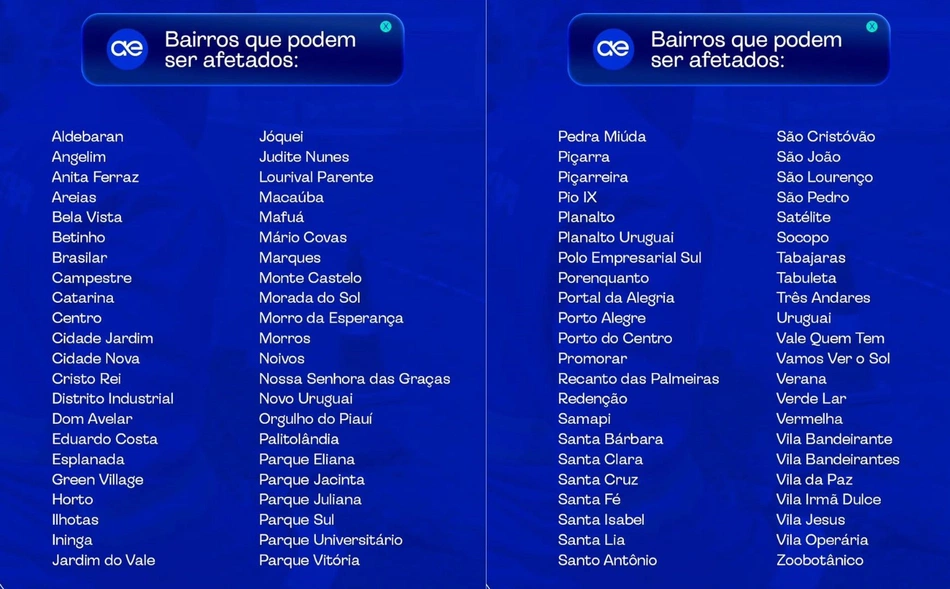 Bairros afetados