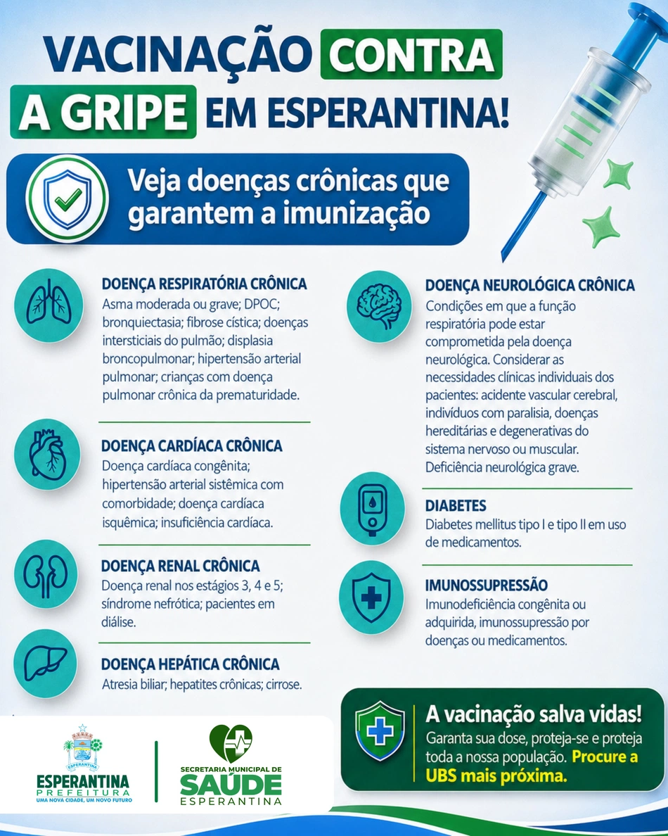 Prefeitura de Esperantina alerta para vacinação contra a gripe de pessoas com doenças crônicas