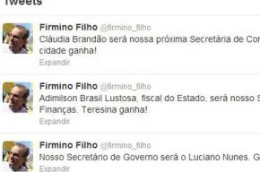 Firmino usando o twitter para confirmar secretários.